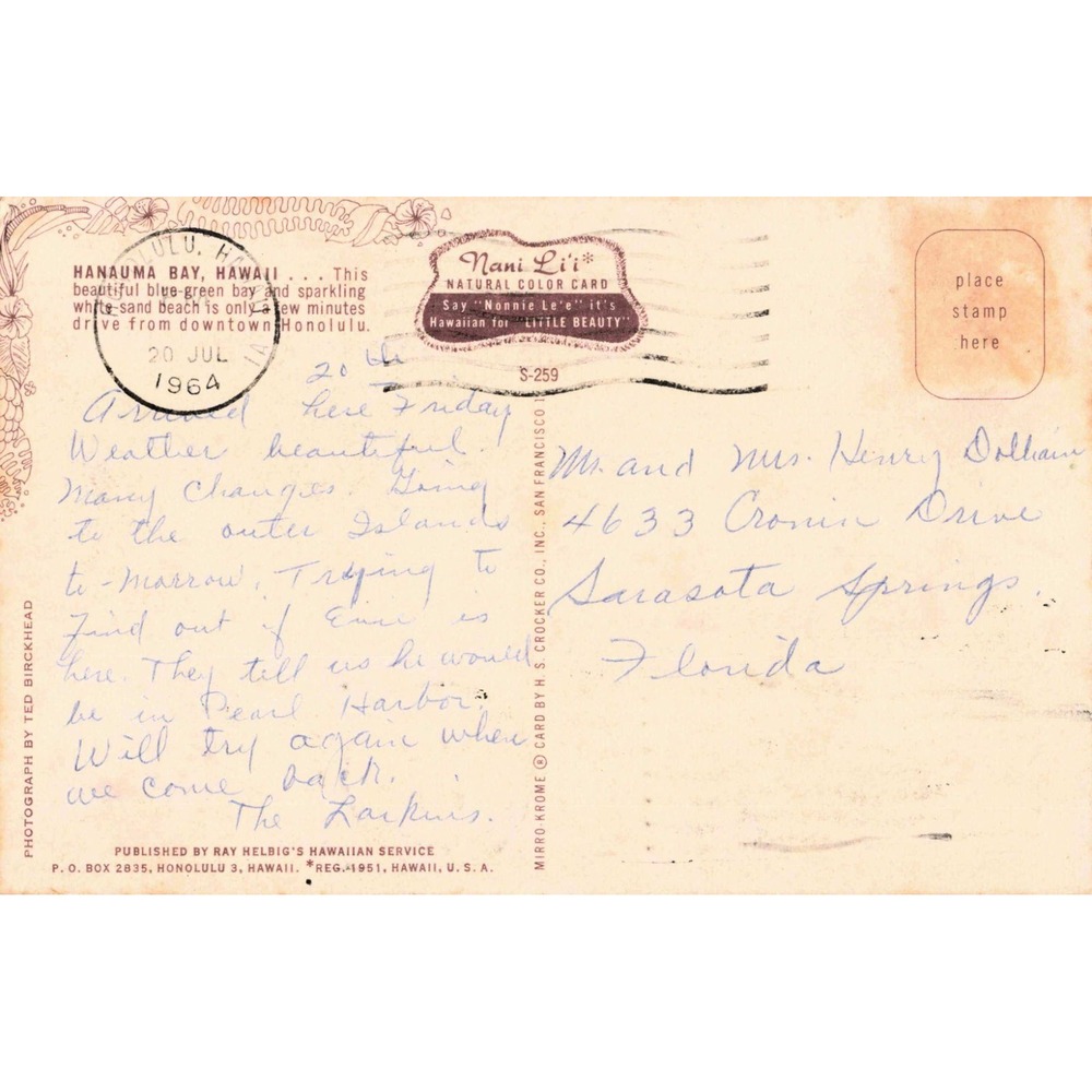 Vintage Hanauma Bay Hawaii Postcard 1964 Postmark Ted Birckhead Nani Li'i S-259 - Picture 2 of 2